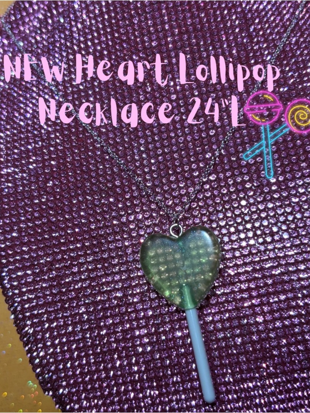 Green Apple Lollipop Candy Necklace Sterling Silver Kawaii Kandi Food Jewelry